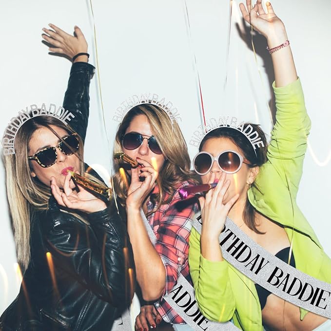 Canitor Birthday Baddie Sash Crown Set Birthday Party Favors Supplies Decorations & Accessories for Women Girl Men Adult Rhinestone Tiara Headband Soft Satin Sash
