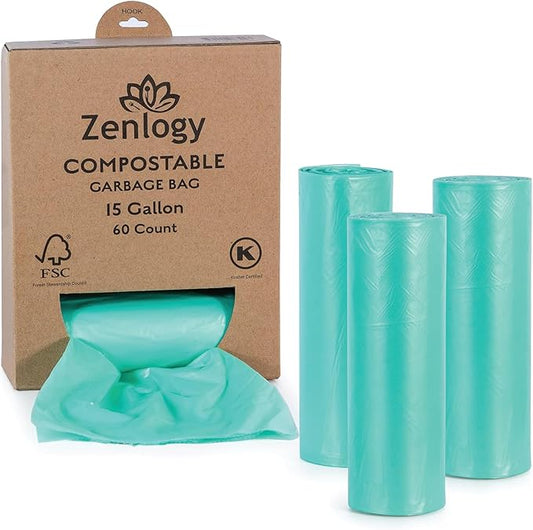 Zenlogy Compostable 10-15 Gallon Garbage Bag, Heavy Duty Eco Friendly Tall Trash Bags, Biodegradable Waste Basket Bin Liner Sack for Kitchen, 60 Count