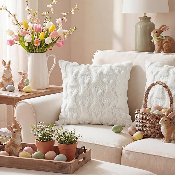 AVOIN colorlife Easter Rabbits Cream White Throw Pillow Covers, 18 x 18 Inch Bunny Soft Plush Faux Fur Jacquard Cushion Case Decoration for Sofa Couch Set of 2