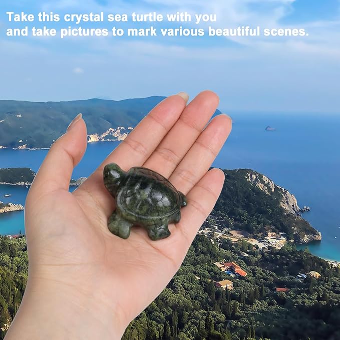 Crystal Travel Sea Turtle Figurines, Green Jade Sea Turtle Travel Gifts for Women Men Travelers, Hand Carved Good Luck Charm, Spiritual Companion Collectible Animal Statue Decors 2.1”
