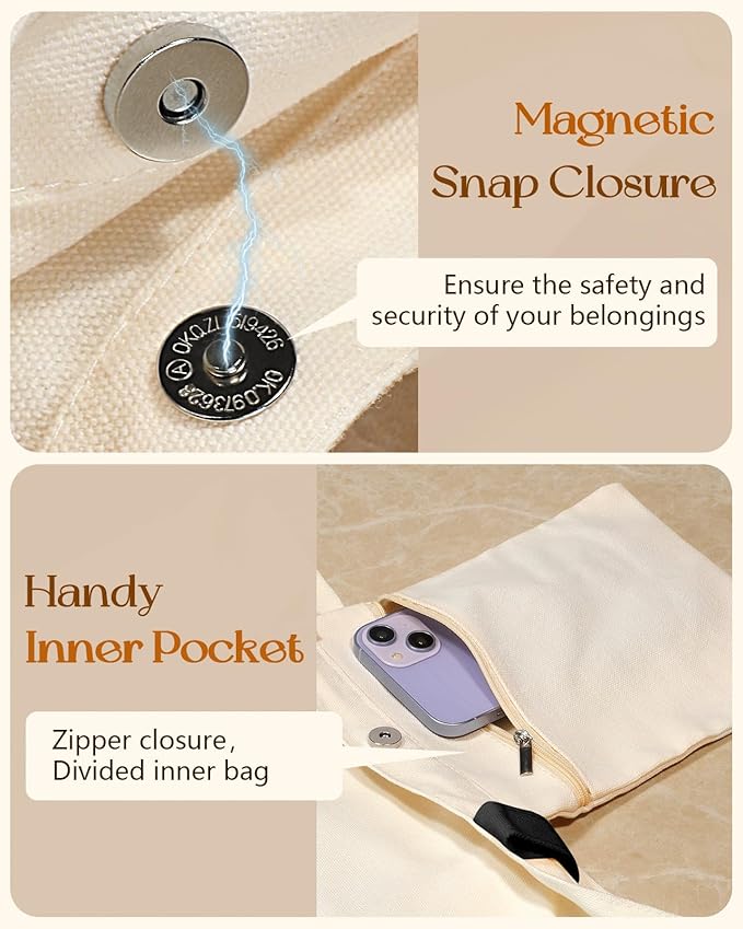 Miss Adola Aesthetic Tote Bag for Girls - with Magnetic Buckle and Zipper Inner Pocket for Women Lady Canvas Cotton Tote Bag