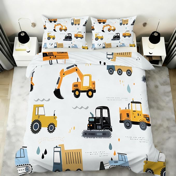 Cartoon Construction Vehicles Duvet Cover Full Size Excavator Bulldozer Bedding Set Children's Cartoon Cars Comforter Set Colorful Engineering Duvet Cover with Pillowcases for Bedroom