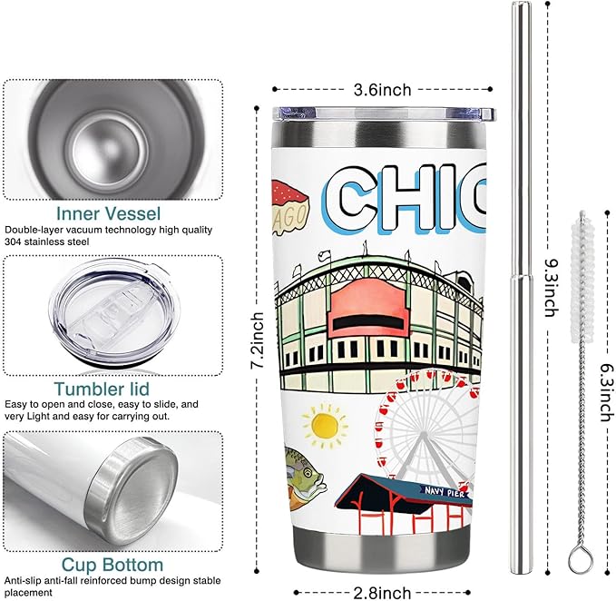 City Tumbler for City Lover,20oz Double Wall Vacuum Insulated Stainless Steel Coffee Cups (Chicago)