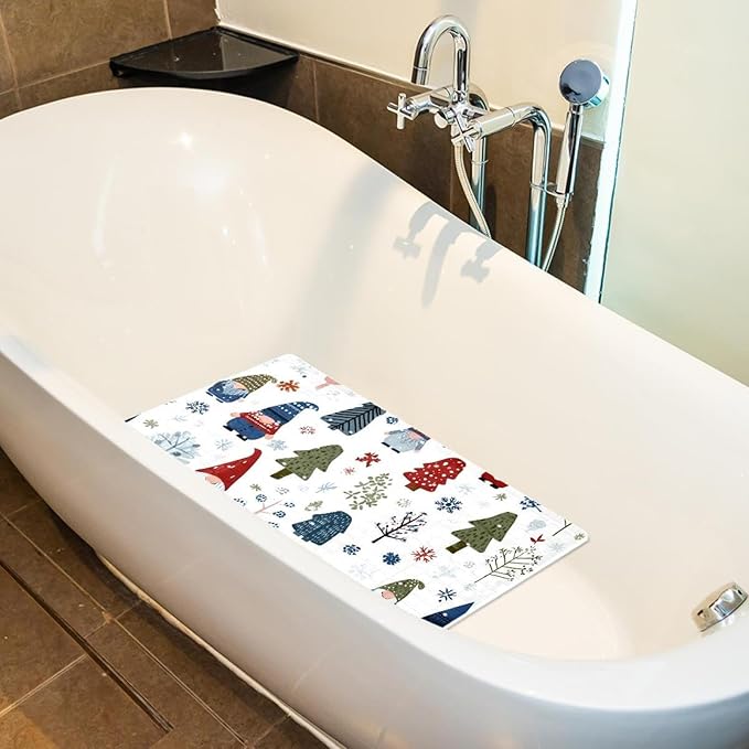 Bath Tub Mat Non Slip 15.1 x 26.8 Inch, Seamless Christmas Gnomes Forest Trees and Snowflakes Eco Friendly Bathmat with Suction Cups Drain Holes Shower Tub Mats
