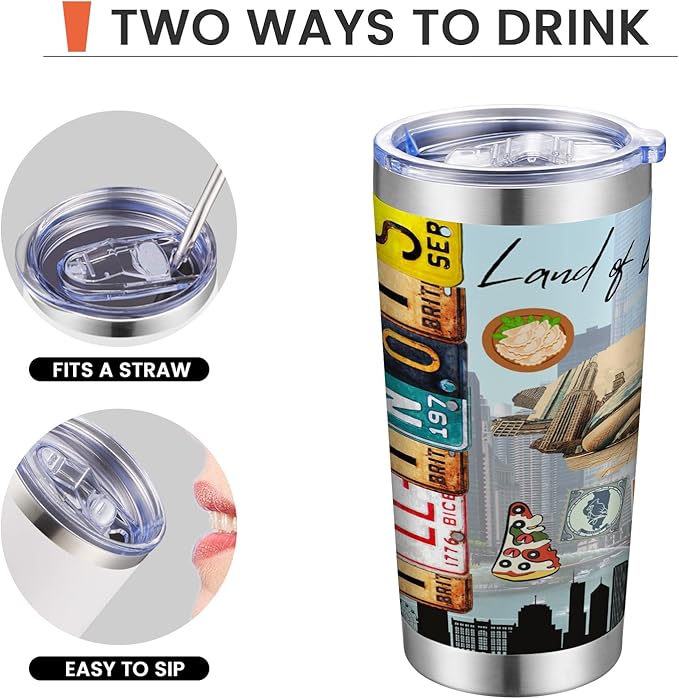 20oz Insulated Tumbler Illinois State Coffee Mug, United States Map Travel Mug Landmark, Birthday Gifts Cute Custom Tumbler Cups with Lid and Straw Mothers Day Gifts