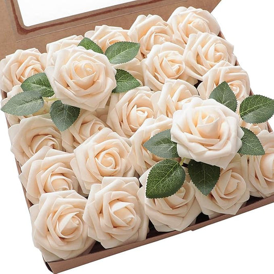 Floroom Artificial Flowers 25pcs Real Looking Cream Foam Fake Roses with Stems for DIY Wedding Bouquets Bridal Shower Centerpieces Floral Arrangements Party Tables Home Decorations