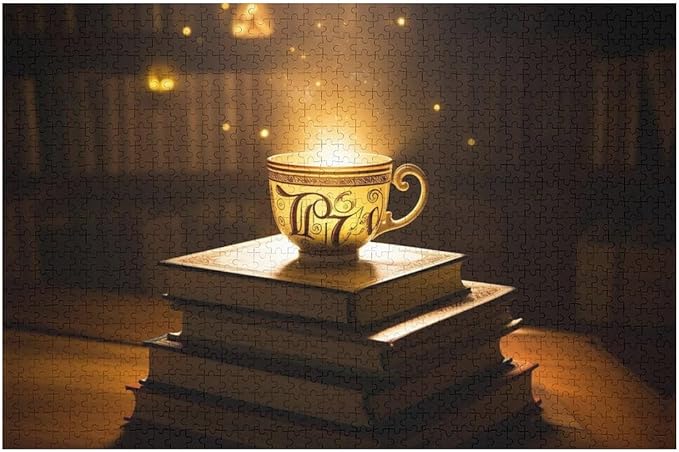 Wooden Puzzle - Hot Tea On A Book Rounded Corner Jigsaw Puzzles，Wooden Puzzles for Adults 1000 Pieces Challenge Puzzles，Educational Games，Family Puzzles，Unique Gifts for Wall Art