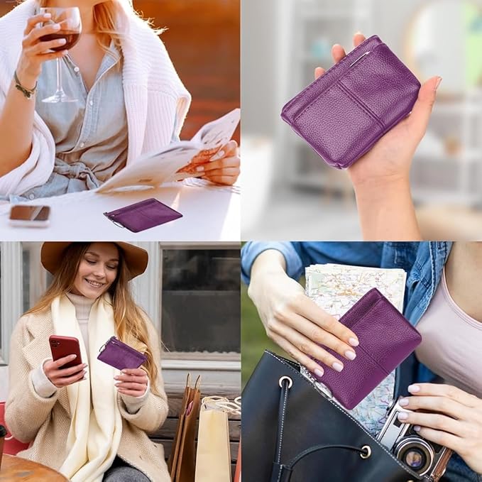 Genuine Leather Wallet Double Zipper Coin Purse Keychain Lychee Mini Change Pocket for Women (Purple)