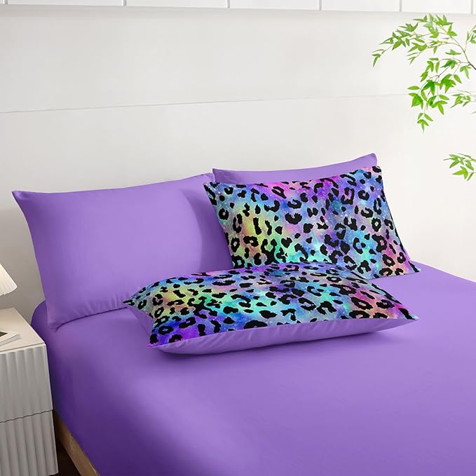 7Pcs Comforter Set Purple Leopard Printed Bedding Set with 1 Comforter, 1 Flat Sheet, 1 Fitted Sheet and 4 Pillowcases for Boys and Girls Bedroom All Season(Queen)
