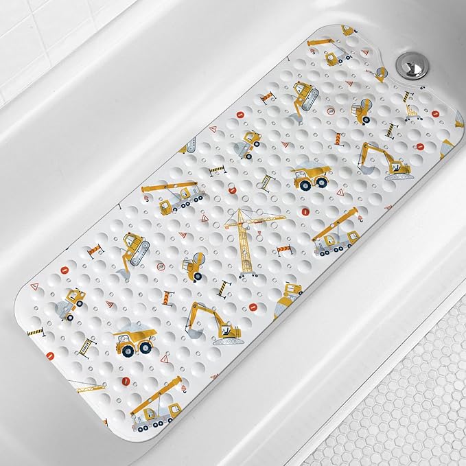 Lnond Kids Non-Slip Bathtub Mat, Extra Long PVC Bath Safety Mat with Strong Suction Cups, Soft & Comfortable, Easy to Clean, for Safer Family Bath Time (Yellow Excavator)