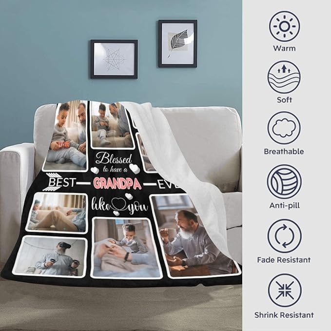 Custom Blanket Gifts with Photos, Personalized Bed Throws for Grandpa, Custom Souvenir Throw Blanket for Best Grandpa Ever, 8 Collages Made in USA