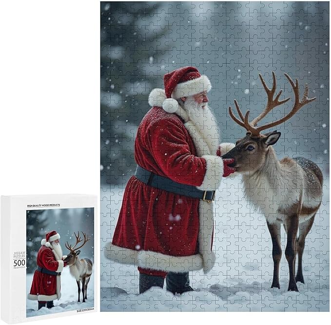 Puzzles for Adults 500 Pieces Wooden Jigsaw Puzzle - Santa Claus and Reindeer Christmas Series Theme Puzzle，Party Games，Family Toys，Educational Puzzles，Stress Relief Wooden Puzzle，Home Decoration