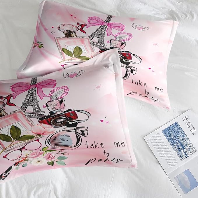 7 Pcs Comforter Set Queen Size, Paris Teen Girls Pink Bedding for Kids and Adults, Cute Makeup Perfume Bed Sheet Sets with Fitted Sheet 2 Pillowcases & 2 Shams for Bedroom Bed Decor