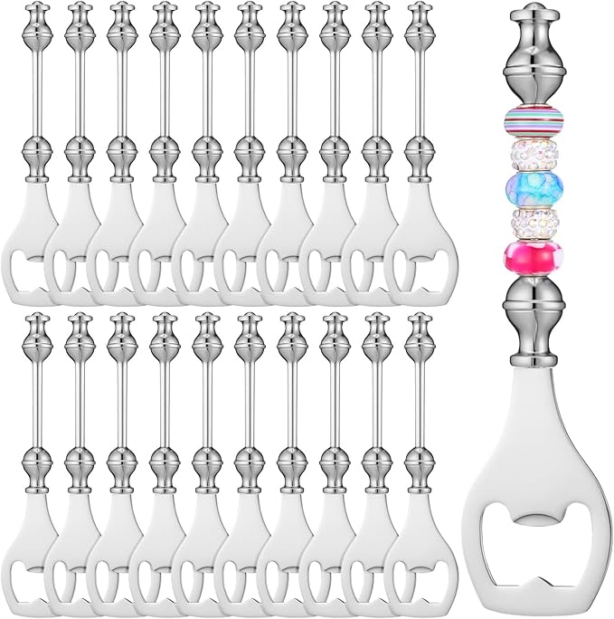 20pcs Beadable Beer Opener Reusable Bottle Opener Decorative for Bartenders DIY Flat Beer Bottle Openers Beaded Bottles Openers DIY Bead Metal Silver Wine Stoppers for Crafts Fall Bar Party Favor