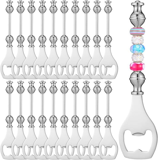 20pcs Beadable Beer Opener Reusable Bottle Opener Decorative for Bartenders DIY Flat Beer Bottle Openers Beaded Bottles Openers DIY Bead Metal Silver Wine Stoppers for Crafts Fall Bar Party Favor