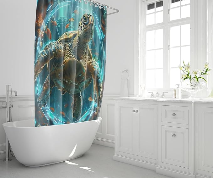 Turtle Shower Curtain - 4 Pcs Sea Turtle Shower Curtains for Bathroom Ocean Shower Curtains for Bathroom Coastal Shower Curtain Sea Themed Shower Curtain Sets with Shower Curtain and Rugs