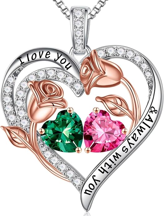 Iefil Valentines Day Gifts for Her - 925 Sterling Silver Rose Heart Birthstone Necklace Birthday Anniversary Jewelry Gifts for Her Wife Mom Daughter