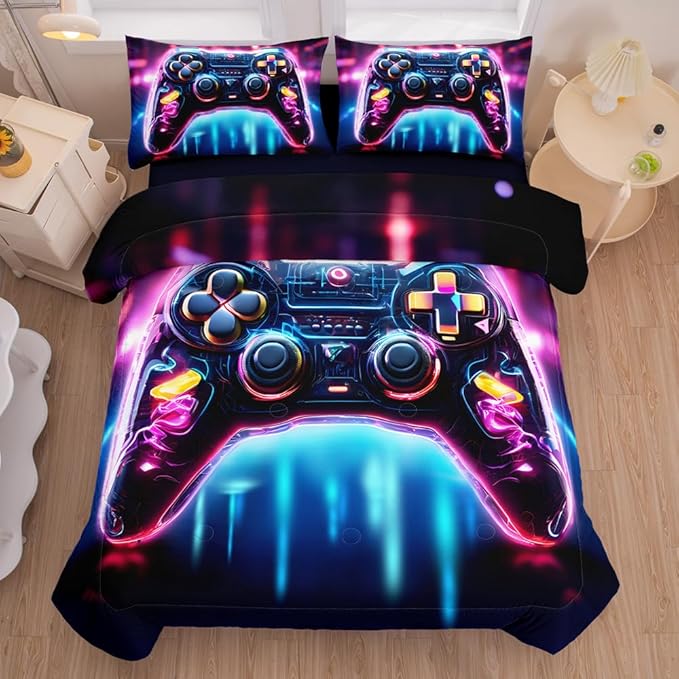 Gaming Comforter Set - Full 5PCS Bedding Set for Boys with Controller Design, Flat Sheet, Fitted Sheet, Pillowcase, Comforter