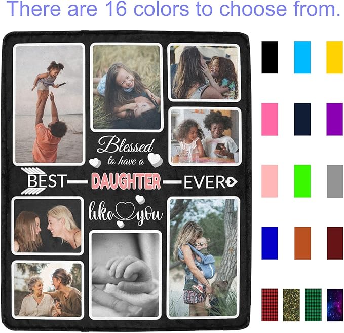 Custom Blanket Gifts for Daughter, Customized Blankets with Photos, Make a Personalized Bed Throws to My Daughter, Custom Souvenir Throw Blanket for Best Daughter Ever, 8 Collages Made in USA