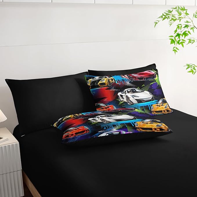 AILONEN 7-Piece Racing Car Comforter Sets Twin Size,Extreme Sports Bedding Set Bed in a Bag for Kids Boys Teens,Cool Speed Race Comforter & Fitted Sheet with Flat Sheet & 2 Pillowcases,2 Pillow Shams