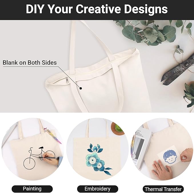 Segarty 6 Packs Canvas Tote Bag with Zipper, 16x13 inch Reusable Washable Grocery Shopping Bags with Handle Plain Canvas Totes for Women Teacher DIY Art Crafts Painting Embroidery Decoration