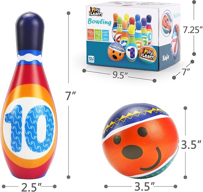 iPlay, iLearn Kids Bowling Toys Set, Toddler Indoor Outdoor Activity Play Game, Soft 10 Foam Pins & Two Balls Playset, Educational, Birthday Party Gift for 18 24 Months, 2 3 Year Old Children Boy Girl