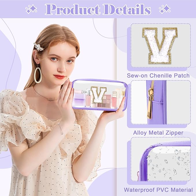 Personalized Initial Letter Clear Makeup Bag,Preppy Small Nylon&PVC Cosmetic Zipper Bag with Chenille Letter,Travel Skincare Toiletry Bag,Monogram Christmas Gift for Teen Girls Women,V