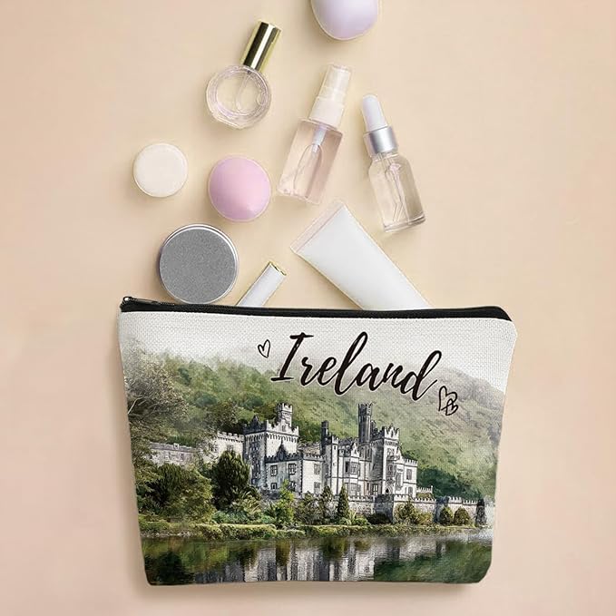 Kylemore Abbey Ireland Makeup Bag Gifts – Ireland Travel Essentials Watercolor Cosmetic Bag, Irish Gifts for Women Girls, Zipper Toiletry Pouch, Irish Souvenir Organizer Waterproof Linen