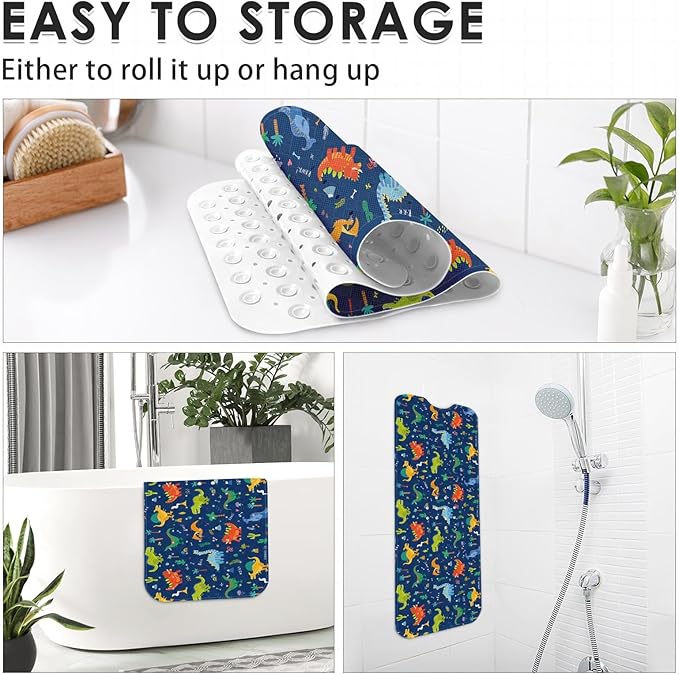 Baby Bath Mat for Tub for Kids, Cute Dino Animal 40 X 16 Inch Extra Long Toddler Bathtub Non Slip Cartoon Dinosaurs Shower Mat for Tub Anti Slip with Suction Cups and Drain Holes