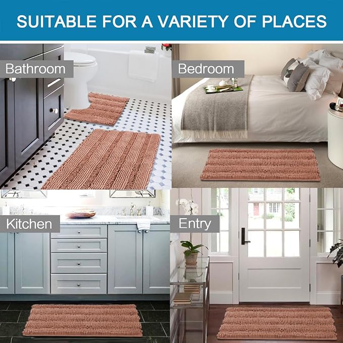 H.VERSAILTEX Bathroom Rugs Bath Rug Set 2 Piece Bathroom Contour Rug Toilet Mat Non Slip Contour Bath Rug Ultra Thick Water Absorbent Striped Bath Mats Washable(47" x 17" Plus 20" x 20" U, Muted Clay)