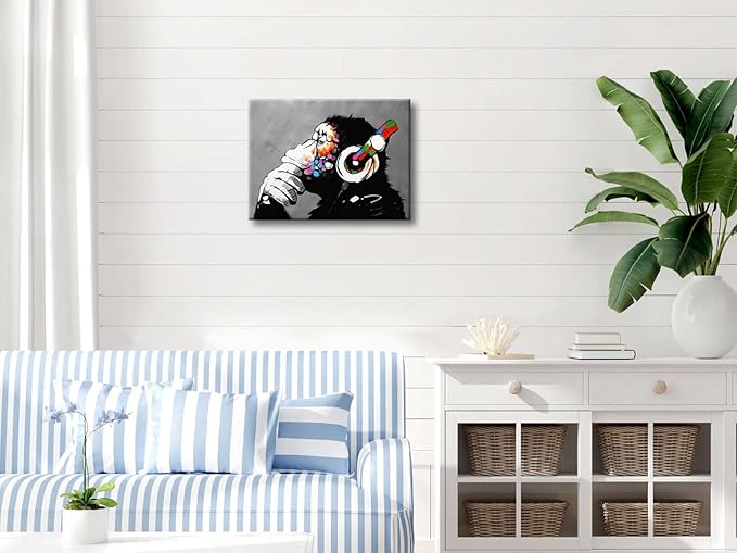 Wieco Art Monkey With Headphones Banksy DJ Chimp Pop Art Cool Ape Abstract Canvas Prints Wall Art Paintings for Living Room Bedroom Home Decorations Stretched Artwork for Office Decor