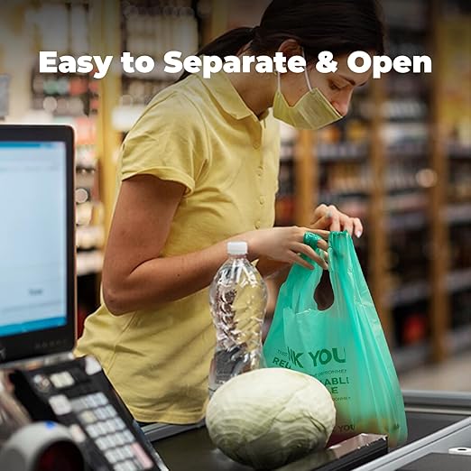 FMP Brands Eco Biodegradable Plastic Grocery Bags - 100 Count with Handles, Thank You T-Shirt Shopping Bags Bulk for Small Business, Restaurant, Groceries, Supermarket