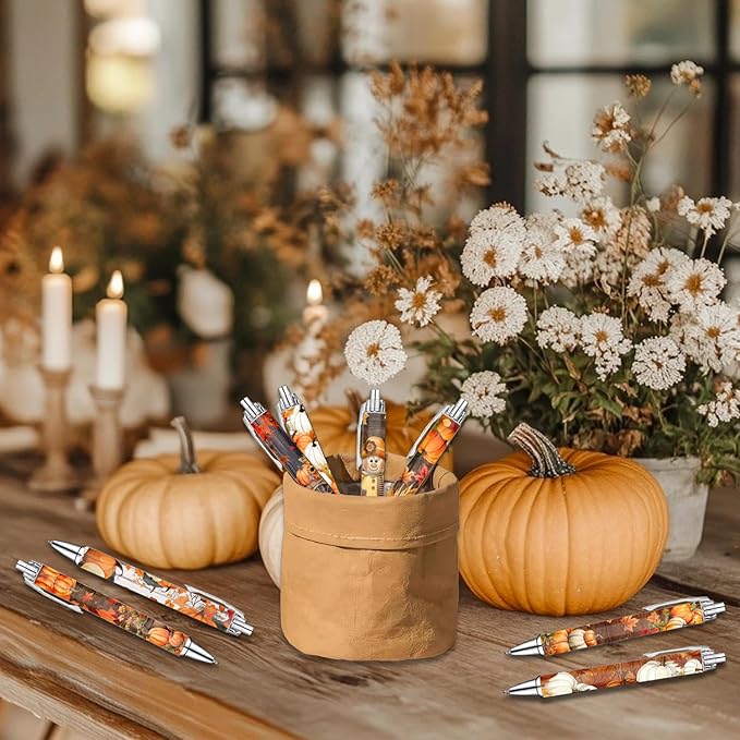 Idealmuzik Thanks Gifts,Festive Fall-Themed Ballpoint Pens for Girls, Students, and Stationery Lovers – Smooth Writing Pens for Journaling, School, or Holiday Gifts – Autumn Harvest Design, 8 Pack