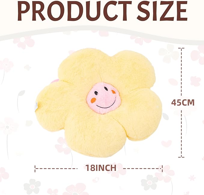 18” Yellow Flower Pillow Flower Shaped Throw Pillow Colorful Smile Daisy Flower Pillows Seating Cushions for Adults Kids Throw Pillows Couch Decor