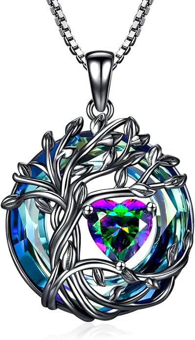TOUPOP Tree of Life Birthstone Necklace 925 Sterling Silver Pendant Austrian Crystal Jewelry Anniversary Valentine's Day Birthday Gifts for Women Mom Her Wife