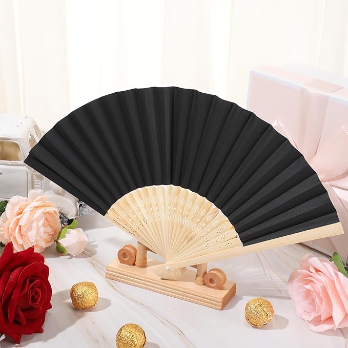 Yinkin 100 Pack Folding Fans Bamboo Handheld Folded Craft Hand Japanese Chinese Fans for Weddings Bridal Dancing Church DIY Decoration Women Kids Gift Party Favors (Black)