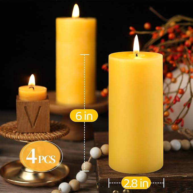 4 Pack Natural Beeswax Pillar Candles,100% Pure Beeswax Candles-380 Hours Long Burning,2.8x6in Unscented Bees Wax Candle for Home,Prayer,Emergency,Dripless Smokeless Organic Pillar Candle Bluk