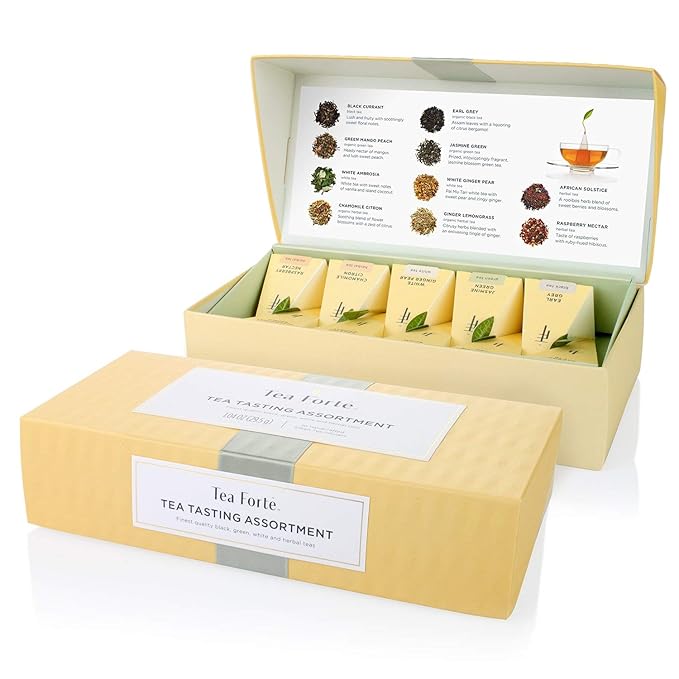 Tea Forte Premium Petite Presentation Box Gift Set Sampler, 10 Count, 2 of Each Blend Individually Wrapped Handcrafted Pyramid Infuser Bags, Assorted Classic Tea