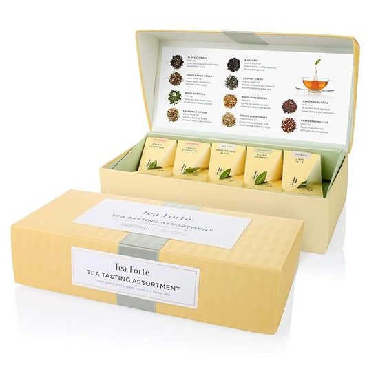 Tea Forte Premium Petite Presentation Box Gift Set Sampler, 10 Count, 2 of Each Blend Individually Wrapped Handcrafted Pyramid Infuser Bags, Assorted Classic Tea