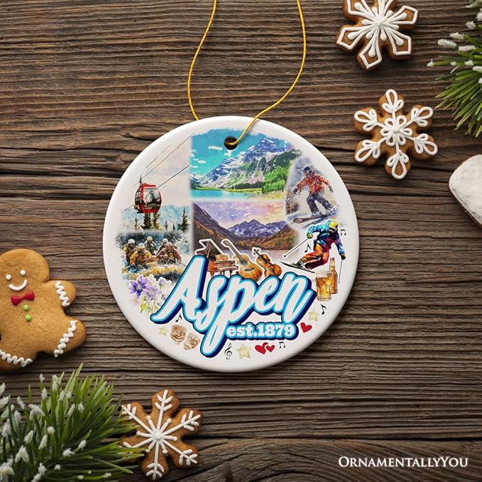 Adventurous Aspen Colorado Ornament, Snow Mountains, Nature Traveler and Skiing Vacation Souvenir (Circle)