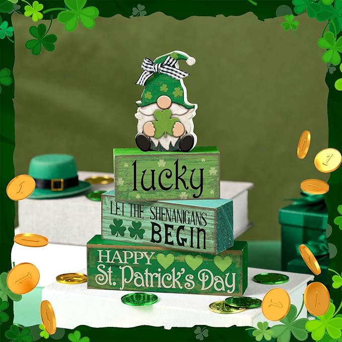 4 Pcs St. Patrick's Day Table Decoration Irish Tiered Tray Decor Wooden Gnome Shamrocks Block Signs Happy St. Patrick's Day Centerpiece for Tables Irish Wooden Sign for Home Decor