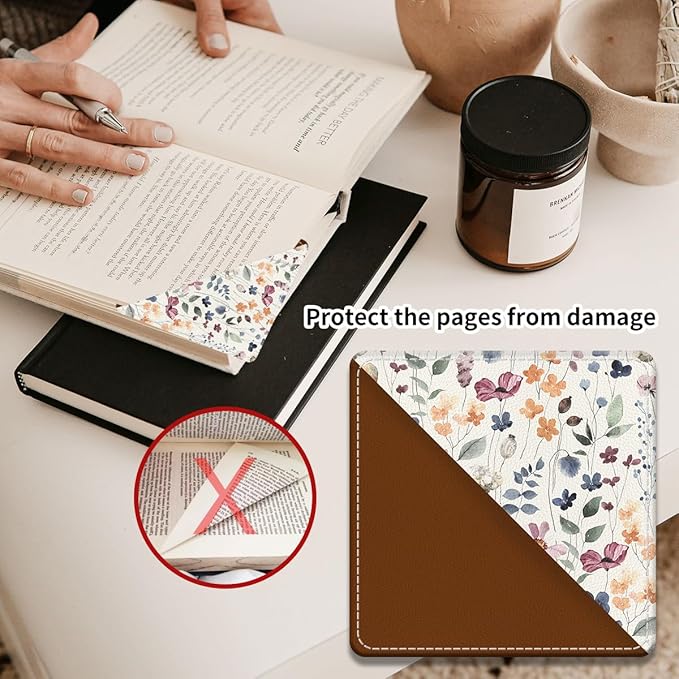 Cute Leather Bookmarks, Fun Triangle Making Corner Bookmark, Book Accessories for Reading Book Lovers, Unbreakable Page Markers for Women Men Watercolor Boho Flowers
