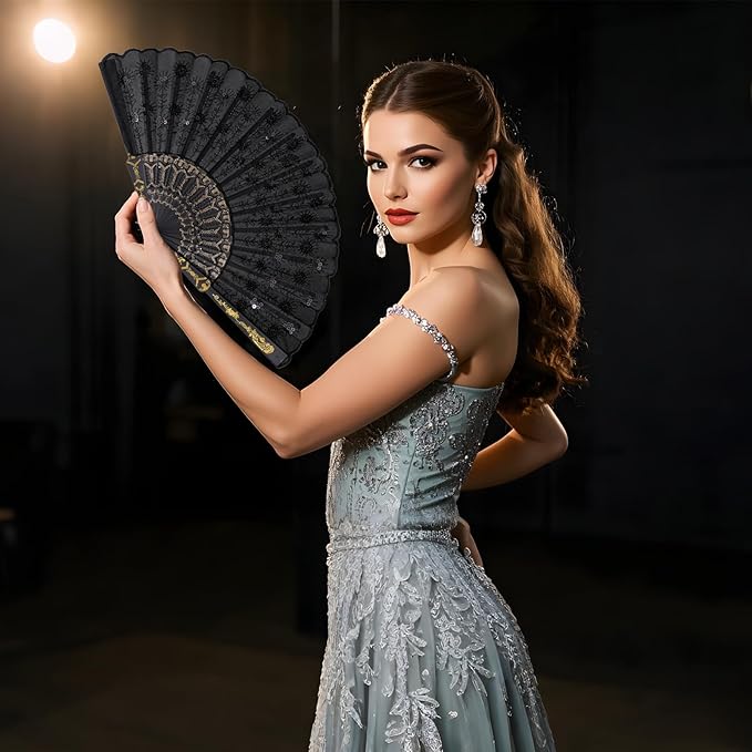 QIRMIZI 30 Pack Fabric Folding Handheld Fans, Perfect for Weddings, Parties, and Dancing,Black