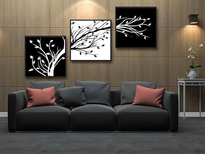 Wieco Art Black Framed Leaves Modern 3 Panels Flowers Artwork Black and White Abstract Floral Trees Canvas Prints Wall Art for Living Room Home Decorations