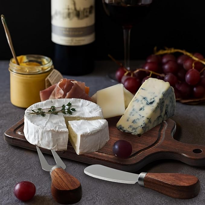1 Set Bridal Baby Shower Cheese Prizes Wooden Square Board Gift Set Knives Forks Thank You Tags with Box for Guests for Valentines Bridal Baby Shower Housewarming (Walnut Wood)