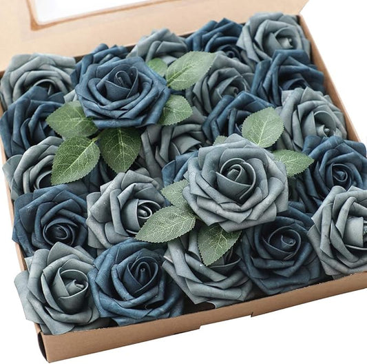 Floroom Artificial Flowers 50pcs Real Looking Dusty Blue Foam Fake Roses with Stems for DIY Wedding Bouquets Bridal Shower Centerpieces Floral Arrangements Party Tables Home Decorations