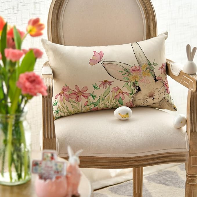 AVOIN colorlife Easter Floral Garland Bunny Throw Pillow Cover, 12 x 20 Inch Spring Rabbit Holiday Cushion Case Decoration for Sofa Couch