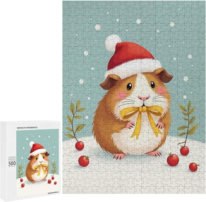 Wooden Puzzle - Hamster Christmas Hat Jigsaw Puzzles，Wooden Puzzles for Adults 500 Pieces Challenge Puzzles，Educational Games，Family Puzzles，Unique Gifts for Wall Art