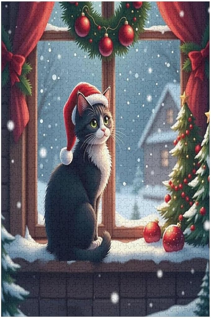 Jigsaw Puzzles for Adults 1000 Piece - Christmas Black Cat Wooden Puzzles, Stress Relief Games, Funny Puzzles，Unique Gifts for Wall Art，Family Puzzles，Educational Games