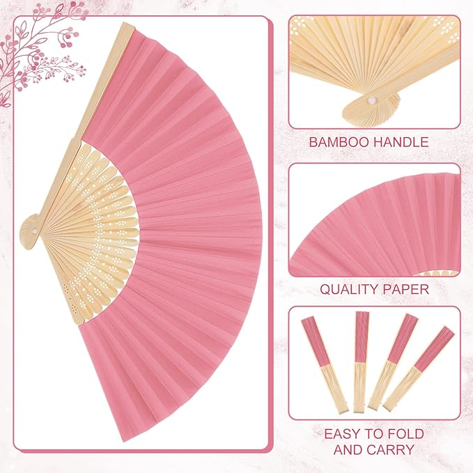Yinkin 24 Pack Folding Fans Bamboo Handheld Folded Craft Hand Japanese Chinese Fans for Weddings Bridal Dancing Church DIY Decoration Women Gift Party Favors (Pink)